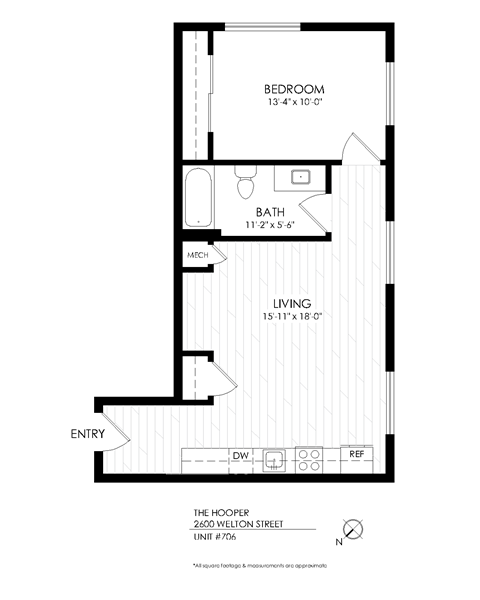 Floor plan for 1 bed, 1 bath, 615 sqft